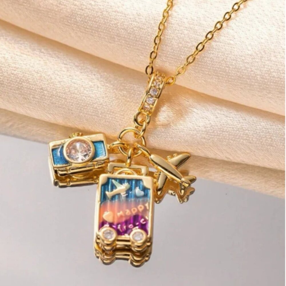 Cute Camera Airplane Suitcase Pendant Necklace for Women, Gold Plated World Trav